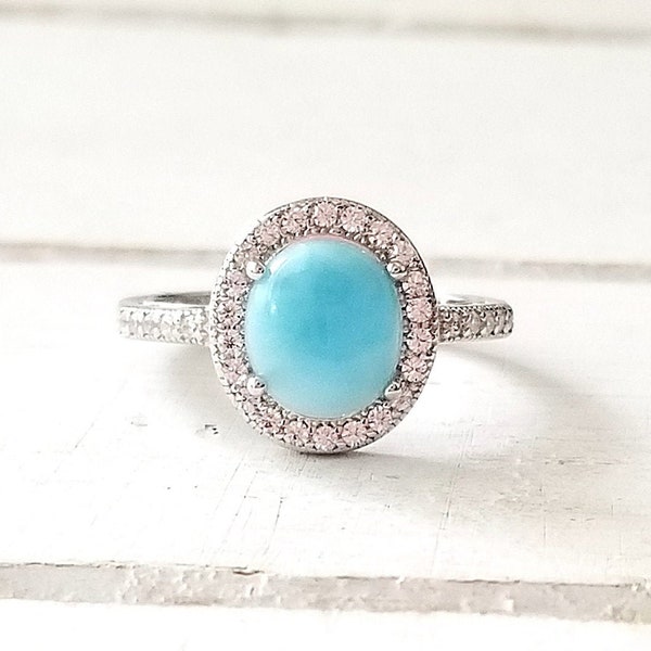 Oval Larimar Ring with cz Halo 925 Sterling Silver (SIZE 6)  - Dominican Larimar (4 Options Available)- Calming Stone