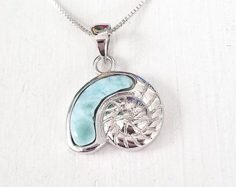 Large Nautilus Shell - Larimar Pendant with  925 Sterling Silver  (3 options available) - Dominican Larimar - Calming Stone