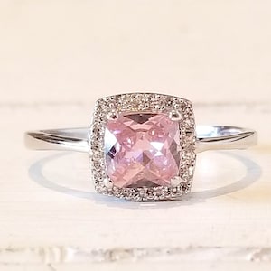 Cushion cut Pink Tourmaline Cz Ring with cz Halo 925 Sterling Silver - Promise Ring - Perfect gift- October Birthstone