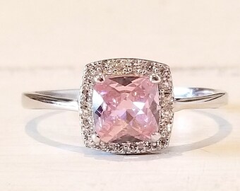 Bague Cz en tourmaline rose taille coussin avec halo en argent sterling 925 - Bague de promesse - Cadeau parfait - Pierre de naissance d'octobre