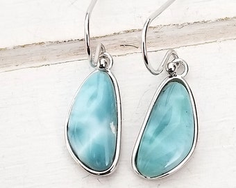 Free form Larimar Earrings with  925 Sterling Silver  - Dominican Larimar - Calming Stone (5 Options)