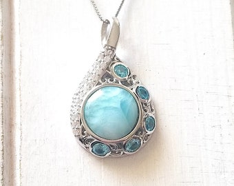 Collier rond en larimar avec topaze bleue et zirconium cubique et argent sterling 925 - Larimar dominicain - Pierre apaisante (2 options disponibles)