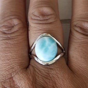 Large Oval Larimar ring- Size 9 -925 Sterling Silver -  Dominican Larimar - Calming Stone - healing stone- Statement ring