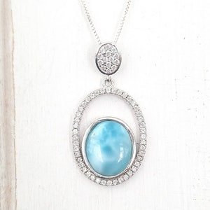 Oval Larimar necklace with oval Cz design -925 Sterling Silver  (3 opts avail)- bridal jewelry- Dominican Larimar  Calming Stone
