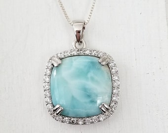 Collier carré en larimar avec halo 925 - Argent sterling - Larimar dominicain - Pierre apaisante (2 options disponibles)