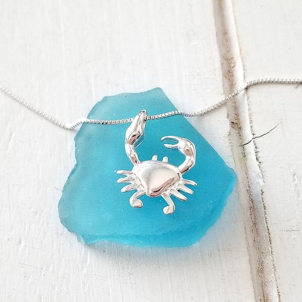 Crab pendant- Sterling Silver Pincher crab  dangling by claw-- Silver crab necklace  sterling Silver*