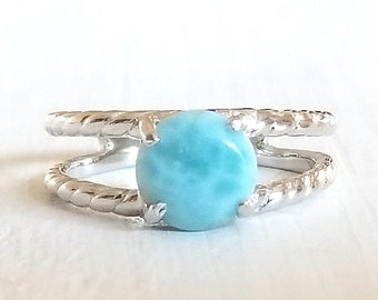 Bague ronde en larimar avec cordelettes - argent sterling 925 (taille 6) - 3 options disponibles - Larimar dominicain - pierre apaisante - pierre de guérison