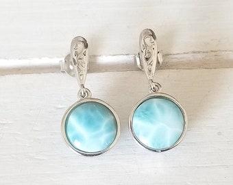 Round Larimar Dangling Post earrings  -925 Sterling Silver Design  (4 options available) - Dominican Larimar - Calming Stone- Something Blue