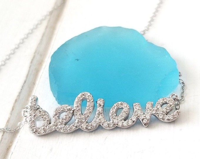 Believe Script CZ Necklace- Sterling Silver - Etsy