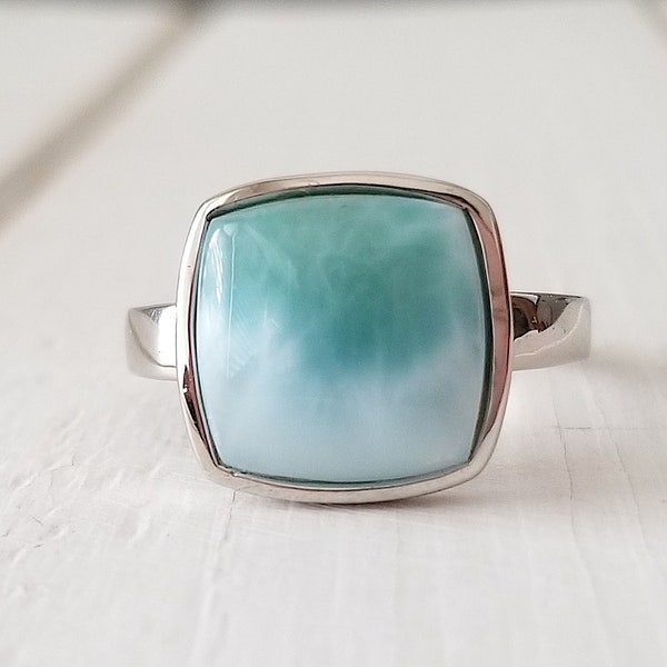 Square Larimar Ring - 925 Sterling Silver (Size 8) 2 Options available- Dominican Larimar - Calming Stone