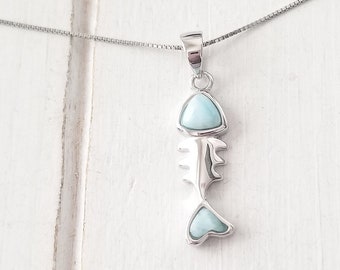 Fishbone Larimar Pendant with  925 Sterling Silver  (5 options available) - Dominican Larimar - Calming Stone