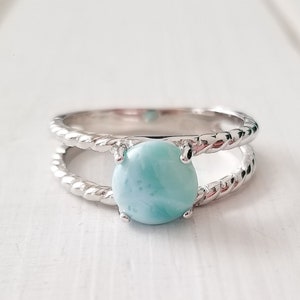 Round Larimar ring with rope bands  -925 Sterling Silver (Size 8)  2 options available-  Dominican Larimar - Calming Stone - healing stone