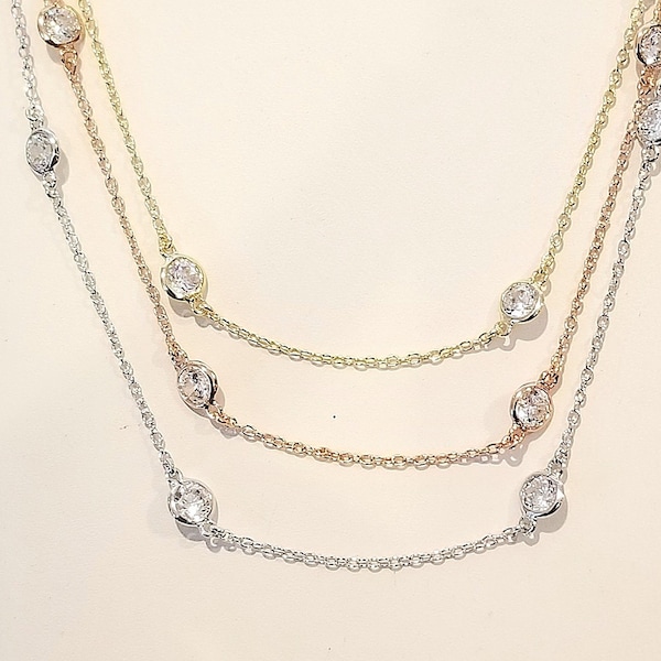 Diamonds (CZ) by the Yard Necklace - Sterling Silver - 3 colors available in 5 lengths ( Silver, Rose & Yellow)