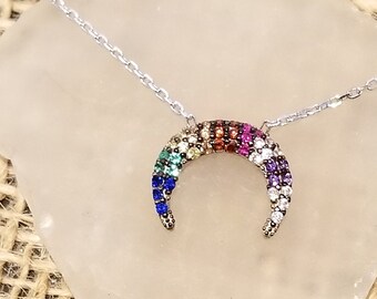 Rainbow Horn necklace with cz 925  Sterling Silver- Horn Necklace - Curved Bar necklace- Sterling Silver*