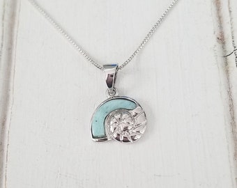 Small Nautilus Shell - Larimar Pendant with  925 Sterling Silver  (3 options available) - Dominican Larimar - Calming Stone