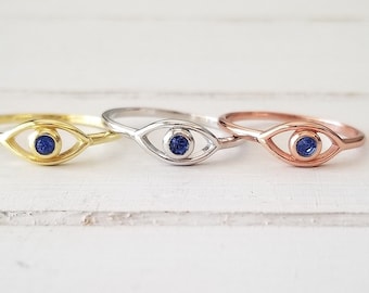 Large Silver Evil Eye ring with Sapphire CZ Eye  Plain Sterling Silver - In Sterling Silver and Sterling Silver with Gold plating*