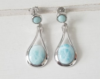 Oval & round Larimar Dangling Earrings with  925 Sterling Silver- Dominican Larimar - Calming Stone (5 options available)