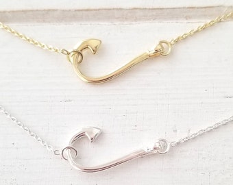 Silver Sideway Hook necklace - Sterling Silver Fisherman's Hook - Fishing hook*  Available in Sterling Silver and Gold Plated*