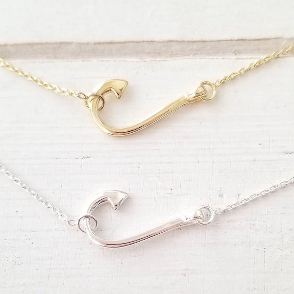 Silver Sideway Hook necklace - Sterling Silver Fisherman's Hook - Fishing hook*  Available in Sterling Silver and Gold Plated*