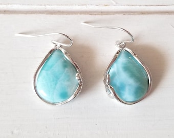 Grandes boucles d'oreilles en forme de larme en larimar avec argent sterling 925 et beau design (5 options disponibles) - Forme de poire - Pierre apaisante de larimar dominicain