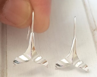 Large Whale Tail Earrings - Sterling Silver with attached wire - Nautical Jewelry- Strength jewelry- Good luck jewelry- Dangling jewelry