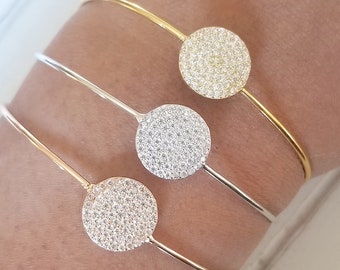 Bracelet jonc disque avec CZ - Argent sterling - Argent sterling 925 - Disponible en 3 couleurs - Argent sterling uni, placage jaune et rose