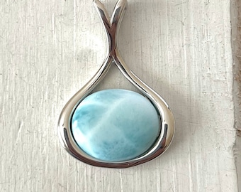 Oval Larimar Necklace with 925 Sterling Silver Design  - Dominican Larimar - Calming Stone- Bridal Jewelry (5 Options Available)