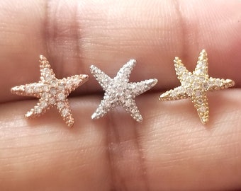 Starfish earrings with CZ-Plain Sterling Silver , Rose gold Plating & Yellow gold Plating *