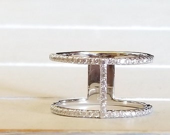 Double band silver ring with CZ- Sterling Silver - Plain Sterling Silver &  Yellow gold Plating