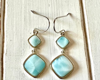 Boucles d'oreilles pendantes doubles carrées en larimar - Argent sterling 925 - Larimar dominicain - Pierre apaisante (2 options disponibles)