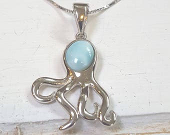 Octopus Larimar Pendant - 925 Sterling Silver  - Dominican Larimar - Calming Stone