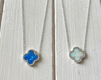 Clover necklace with Opal and CZ-  925 Sterling Silver-  2 colors available