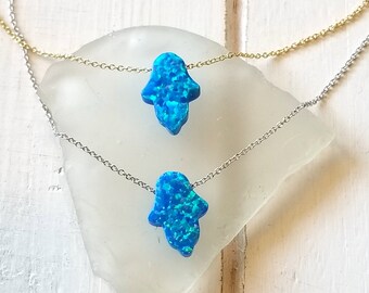 Blue Opal Hamsa necklace ( Plain Sterling Silver or Yellow gold plating) - Sterling Silver (D)