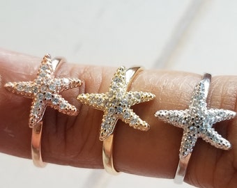 Starfish Ring with CZ - Sterling Silver 925 -Plain Sterling Silver, Rose gold Plating &  Yellow gold Plating (D)