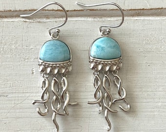 Dangling Jellyfish Larimar Earrings w/ 925 Sterling Silver and beautiful design ( 5 Opts avail) Dominican Larimar  Calming Stone