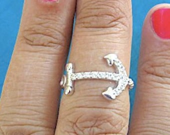Bague ancre latérale avec Cz - argent sterling - Bijoux nautiques - Bijoux de mariée - Accroché à vie