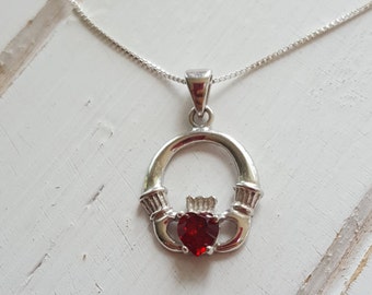 Garnet CZ Birthstone Claddagh necklace  pendant - January Birthstone- Sterling Silver made with Swarovski Stones*
