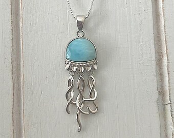 Dangling Jellyfish Larimar Pendant w/ 925 Sterling Silver and beautiful design ( 3 Opts avail) Dominican Larimar  Calming Stone