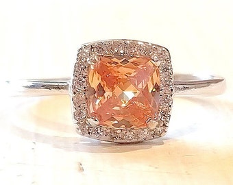 Bague Citrine Cz taille coussin avec halo en argent sterling 925 - Bague de promesse - Cadeau parfait - Pierre de naissance de novembre