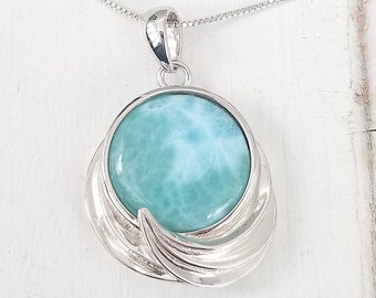 Large Wave Larimar Pendant with  925 Sterling Silver  (2 options available) - Dominican Larimar - Calming Stone