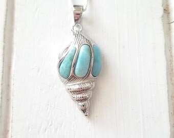 Conch Shell Larimar Necklace with 925 Sterling Silver Design (large) - Dominican Larimar - Calming Stone- Bridal Jewelry (5 Options Avail)