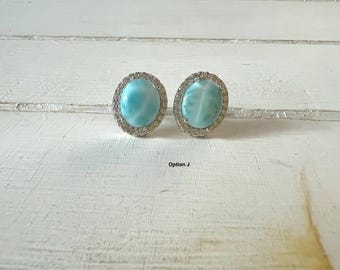 Boucles d'oreilles ovales en larimar avec halo en argent sterling 925 cz (3 options disponibles) - Larimar dominicain - Pierre apaisante