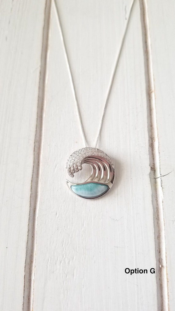 Larimar Wave necklace with CZ - 925 Sterling Silver (5 opts avail)- Pear Shaped- Dominican Larimar Calming Stone