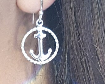Boucles d'oreilles halo ancre avec corde - argent sterling (D)