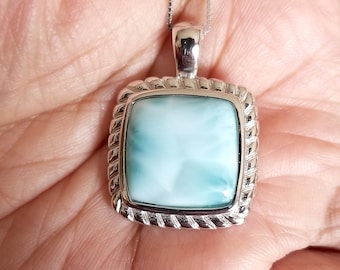Large Square Larimar pendant with  925 Sterling Silver and Rope design (5 opts avail)- Radiant Larimar- Dominican Larimar  Calming Stone
