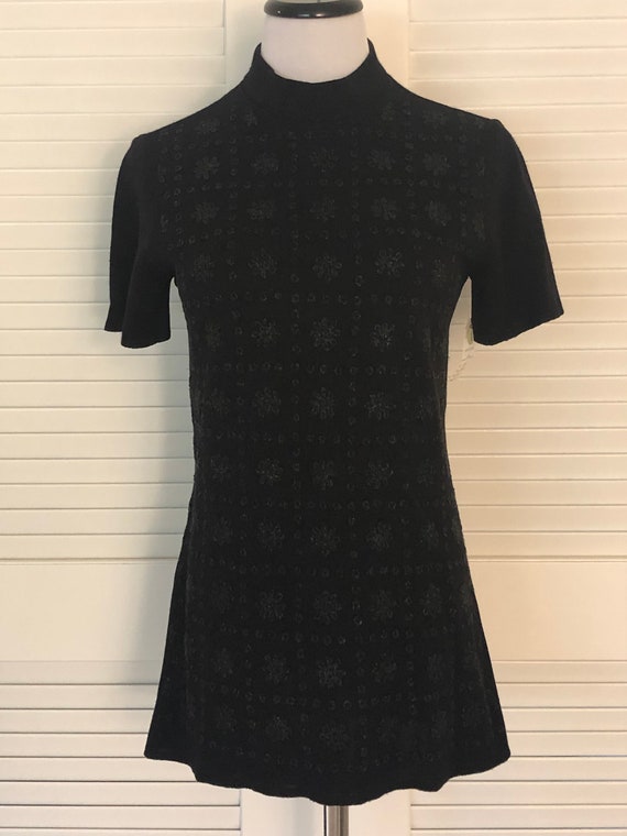 Mod Vintage 1960's 70's Black Beaded Knit Mock Nec