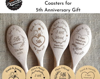 5th Anniversary gift | Personalised Wooden Spoon or Coaster | Wood Anniversary
