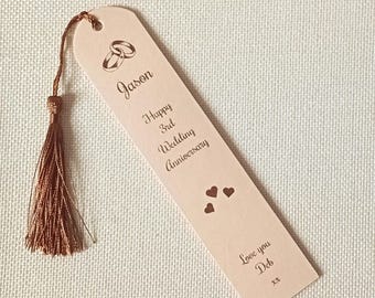 3rd Anniversary - Personalised leather bookmarks - engraved with your own wording, names and dates.