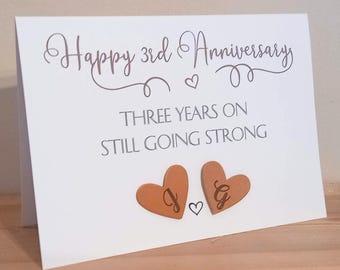 Personalised 3rd Anniversary Card | Leather hearts engraved with initials