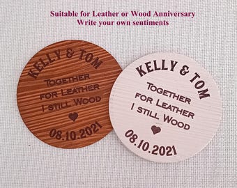 Personalised Wood Effect Leather Coaster, Custom Engraved, 5th Anniversary Wood Gift, Unique 5 Year Anniversary Present Or 3rd Anniversary